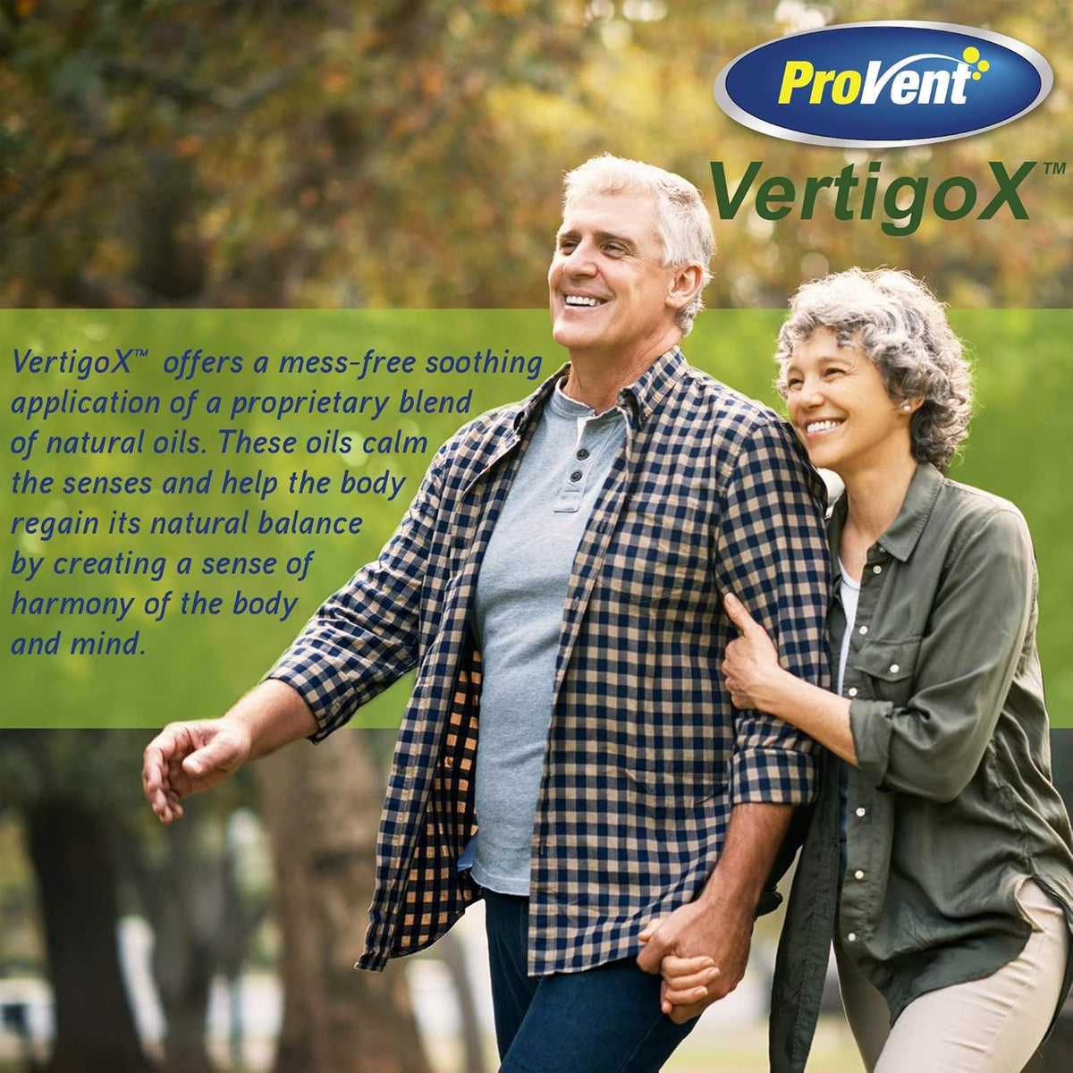 Provent Vertigo Relief Oil packaging alongside a couple enjoying nature, promoting calmness and balance.