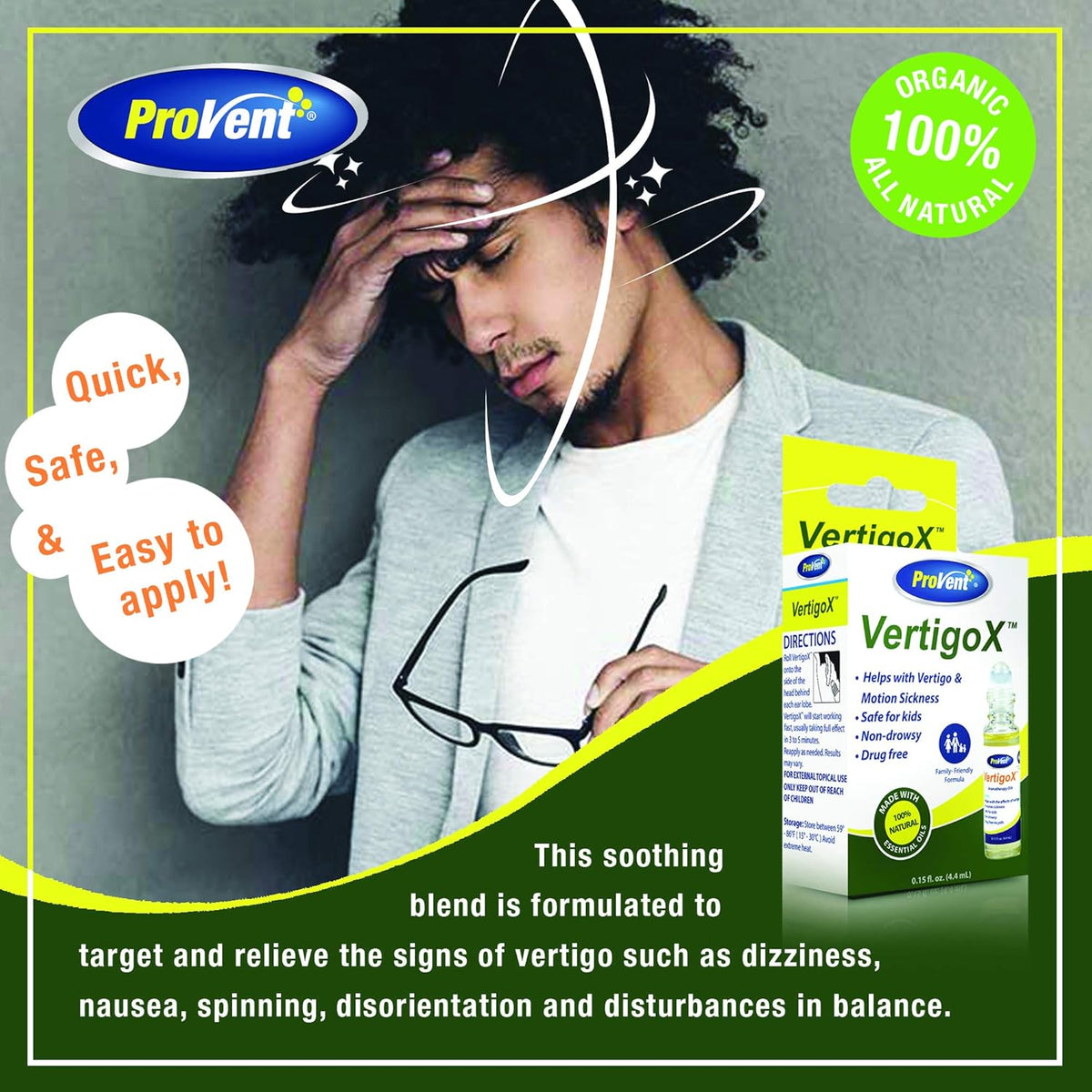 ProVent Vertigo Relief Oil, a premium all-natural blend, targets dizziness and nausea for quick relief.