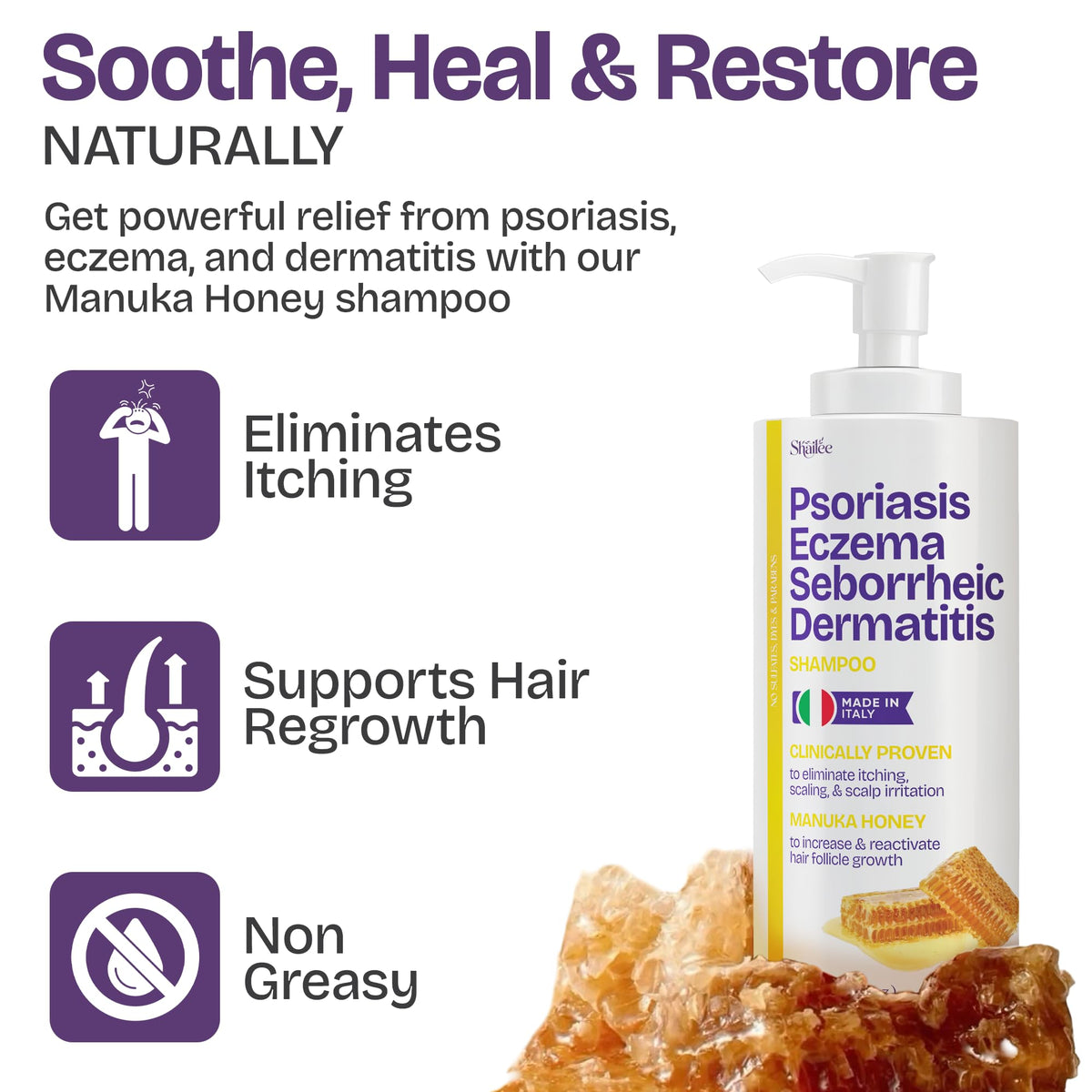 Psoriasis Shampoo with Scalp Scrubber offers relief from itching and supports hair regrowth. Perfect for daily use, available at Curat Cart.