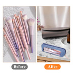 Stylish small clear PU makeup bag showcasing brushes, perfect for organizing your cosmetics. Order online, available in India.