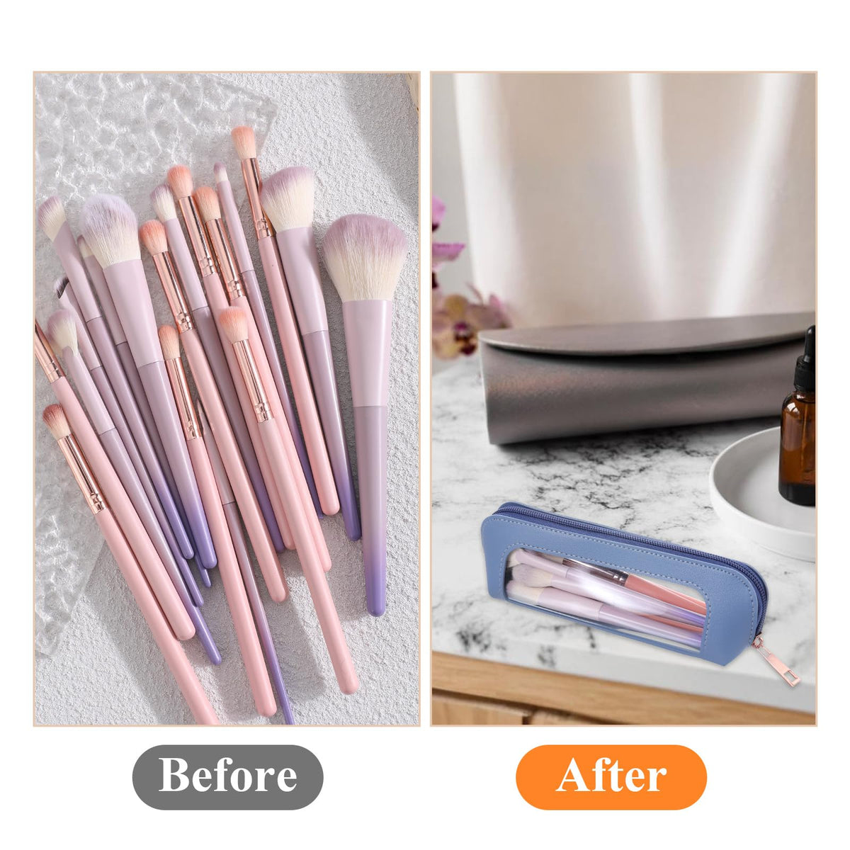 Stylish small clear PU makeup bag showcasing brushes, perfect for organizing your cosmetics. Order online, available in India.
