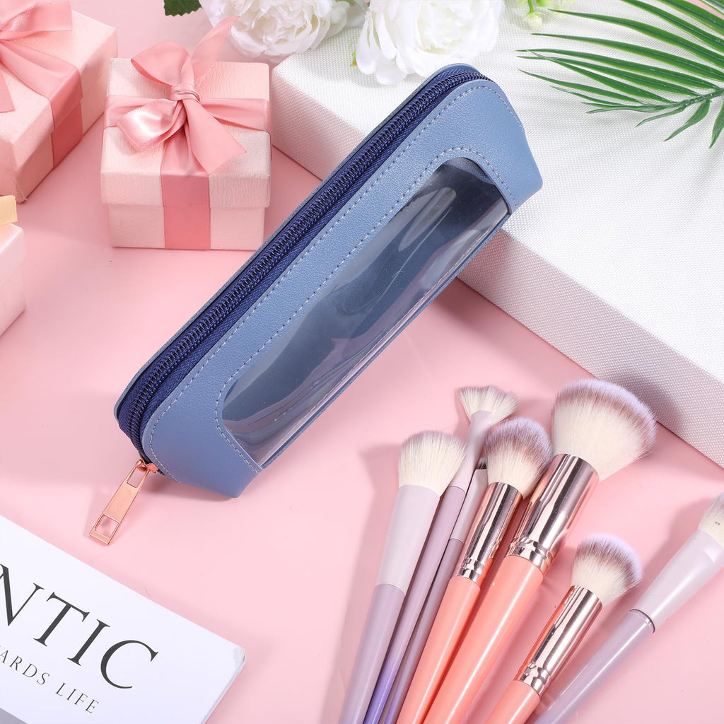 Stylish Psyqtsuary small clear makeup bag in blue PU leather, perfect for organizing beauty essentials. Premium imported design.