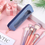 Stylish Psyqtsuary small clear makeup bag in blue PU leather, perfect for organizing beauty essentials. Premium imported design.