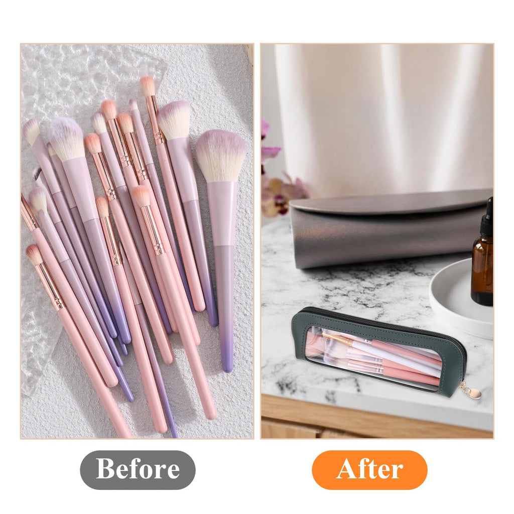 Authentic Psyqtsuary small clear makeup bag in PU leather, showcasing organized brushes and beauty essentials. Ideal for travel.