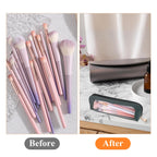 Authentic Psyqtsuary small clear makeup bag in PU leather, showcasing organized brushes and beauty essentials. Ideal for travel.