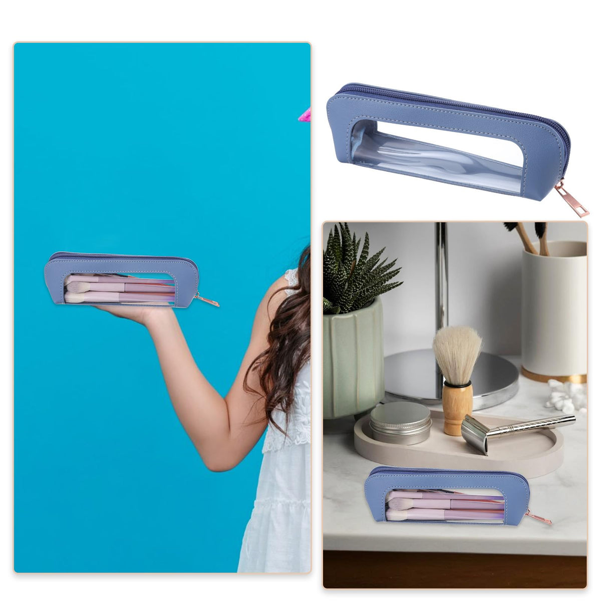Elegant small clear makeup bag in soft PU leather, perfect for organizing cosmetics with a chic, modern look.