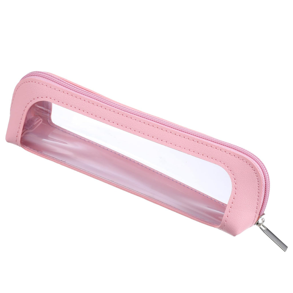 Authentic Psyqtsuary small clear makeup bag in soft pink PU leather, perfect for organizing cosmetics and essentials.