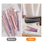 Psyqtsuary Small Clear Makeup Bag showcases neatly arranged brushes in a chic and compact design, perfect for organization.