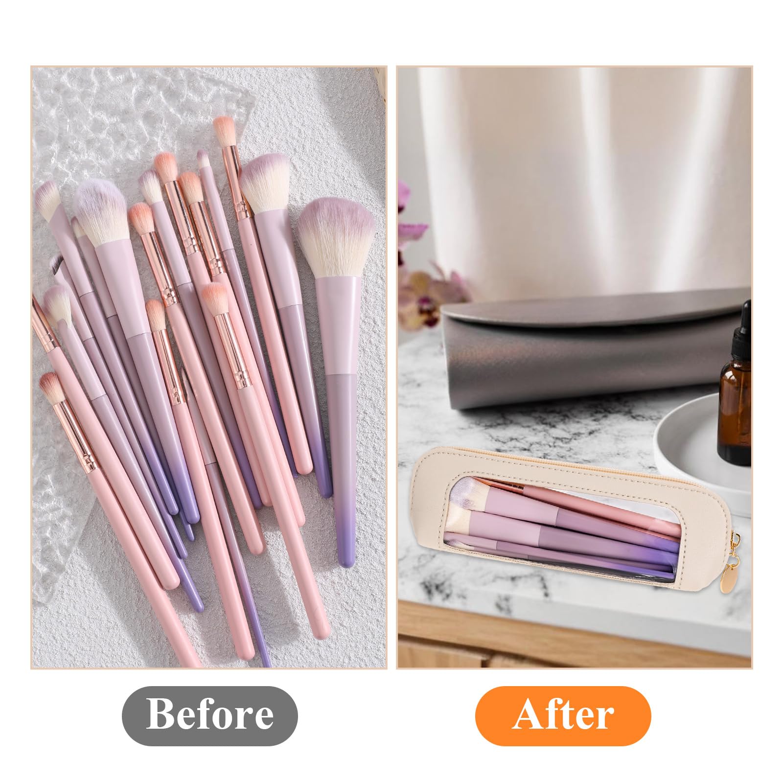 Psyqtsuary Small Clear Makeup Bag showcases neatly arranged brushes in a chic and compact design, perfect for organization.