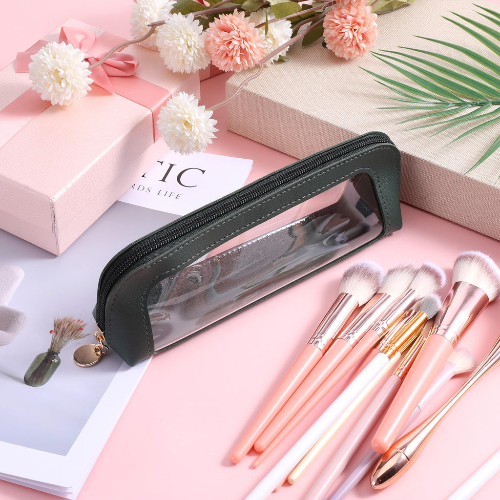 Psyqtsuary small clear makeup bag made of PU leather, featuring a zipper and perfect for organizing cosmetics.