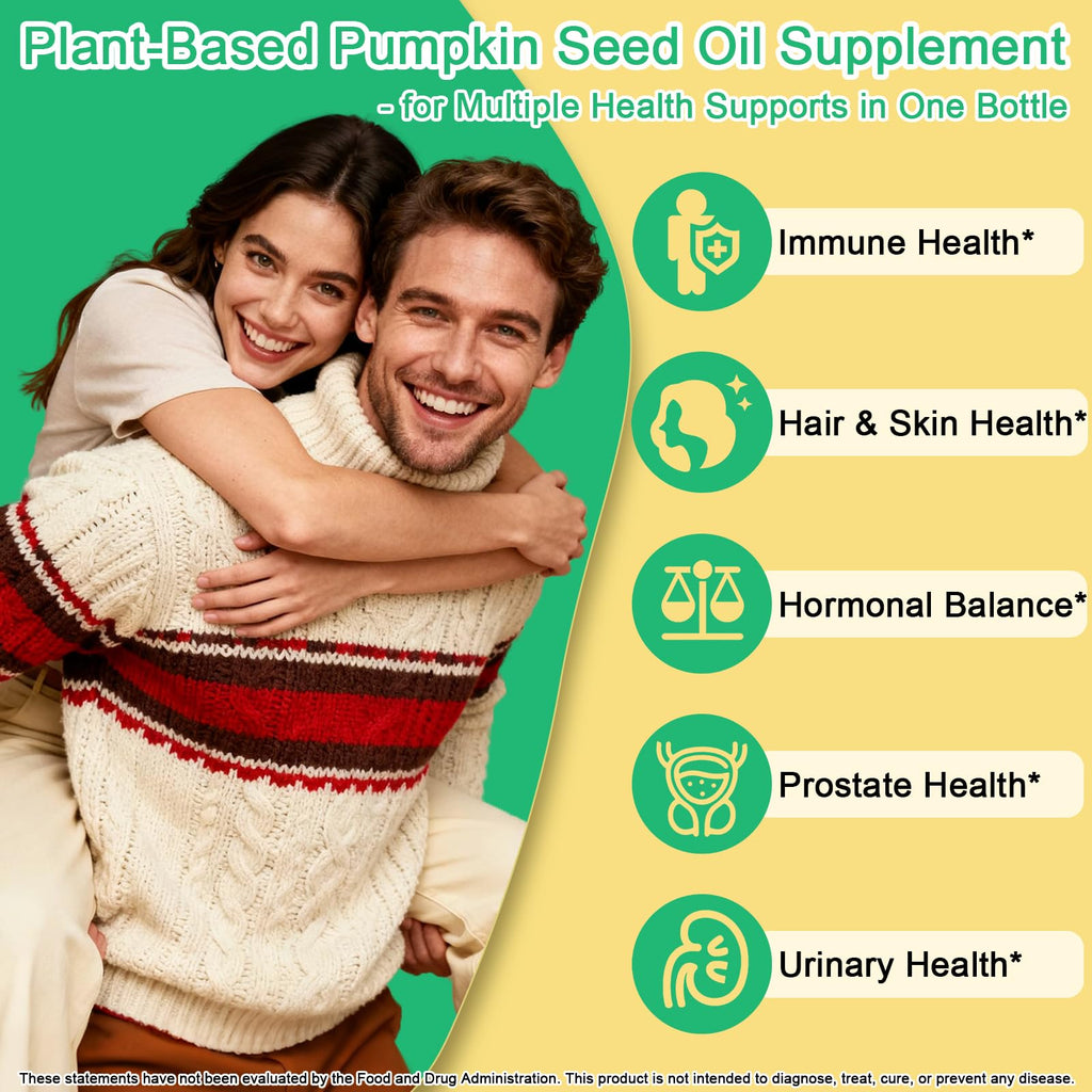 Premium Pumpkin Seed Oil with Saw Palmetto in high-quality packaging for immune, hair, hormonal, prostate, and urinary health. Available at Curat Cart.