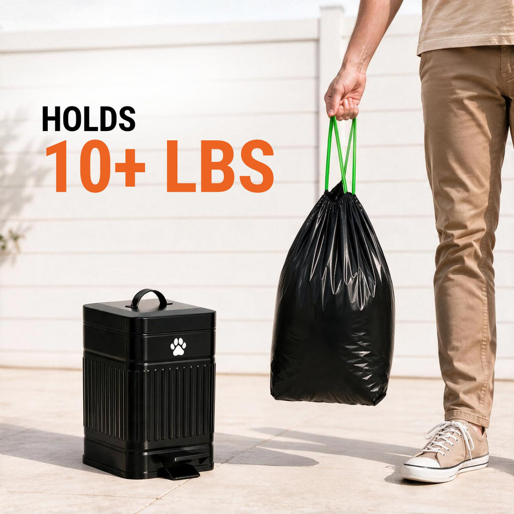 Pupzle Dog Poop Bin Liners, specially curated by Curat Cart, hold over 10 lbs, ensuring easy waste disposal for pet owners.