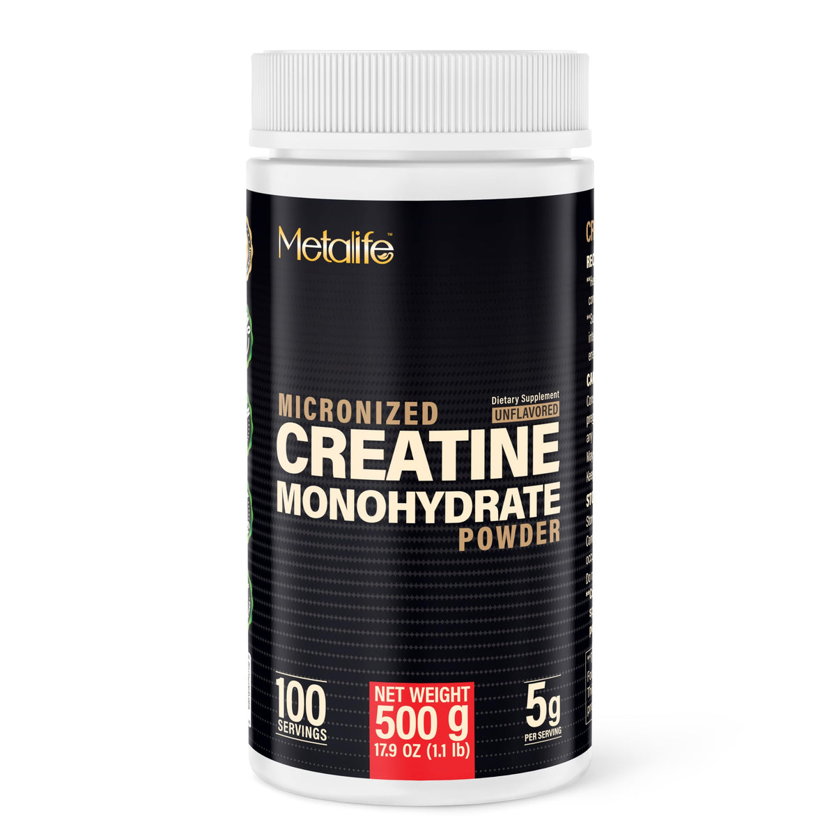 Premium imported Micronized Creatine Monohydrate Powder, 500g, 100 servings, unflavored dietary supplement.