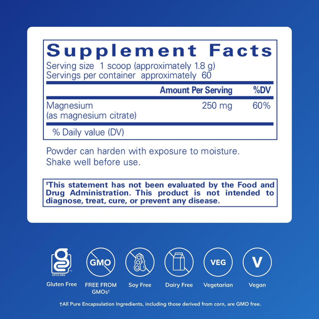 Pure Encapsulations Magnesium supplement facts showcasing 100% Authenticity, available at Curat Cart in India.