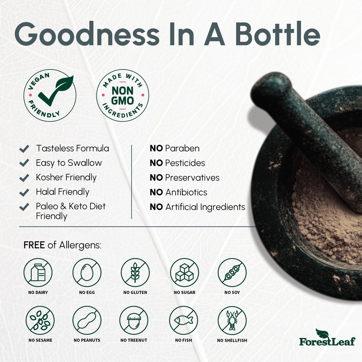 ForestLeaf Pure Magnesium Glycinate 400mg offers a vegan, non-GMO formula without preservatives, allergens, or additives.