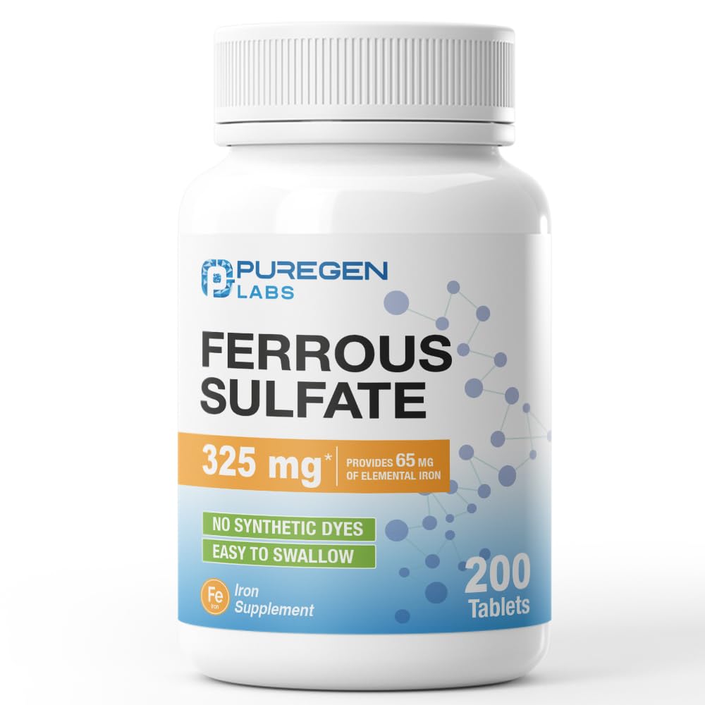 100% Genuine Puregen Labs Ferrous Sulfate Supplement, 325 mg, 200 tablets, easy to swallow, no synthetic dyes.