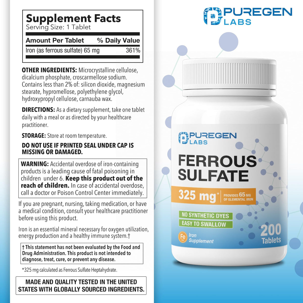 Puregen Labs Ferrous Sulfate Supplement available in India. Order online for 200 easy-to-swallow tablets today.