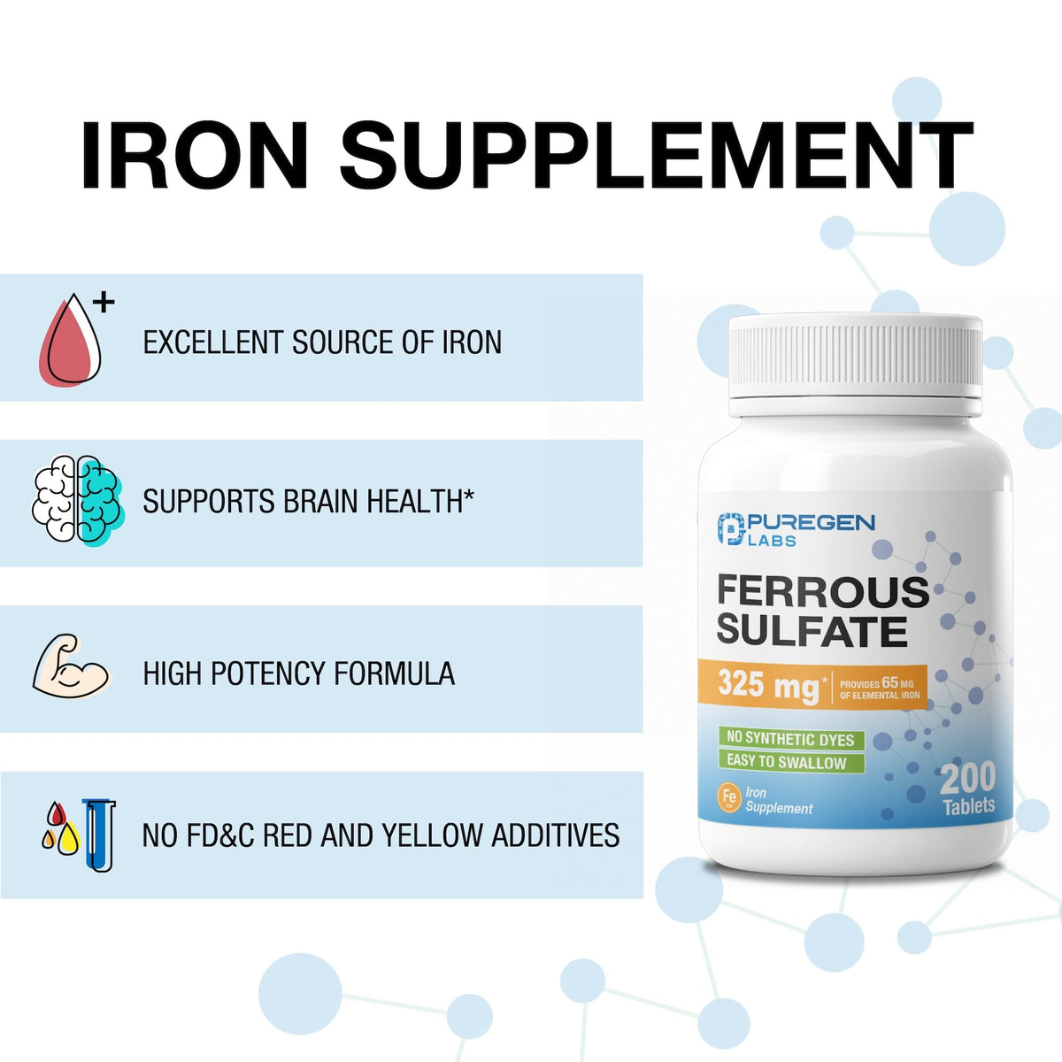 Puregen Labs Ferrous Sulfate Supplement, 325 mg, 200 tablets, supports brain health, verified by CuratCart.