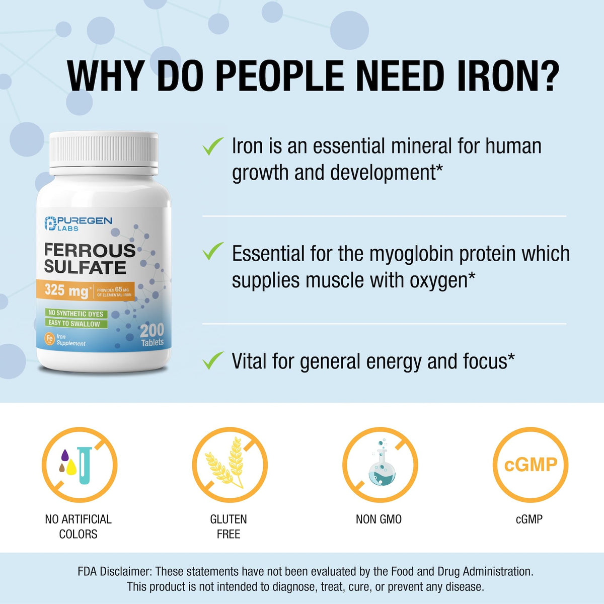 Puregen Labs Ferrous Sulfate Supplement, 325 mg, 200 tablets, essential for energy and muscle support, gluten-free.