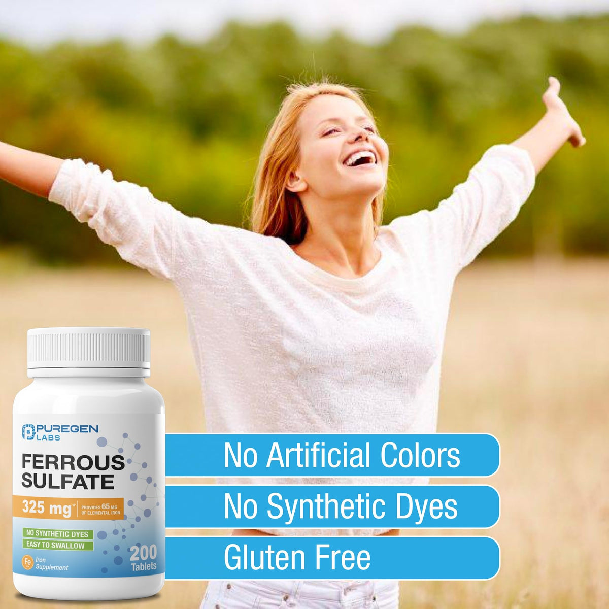 Puregen Labs Ferrous Sulfate 325 mg, gluten-free iron supplement. Premium quality, no artificial colors or synthetic dyes.