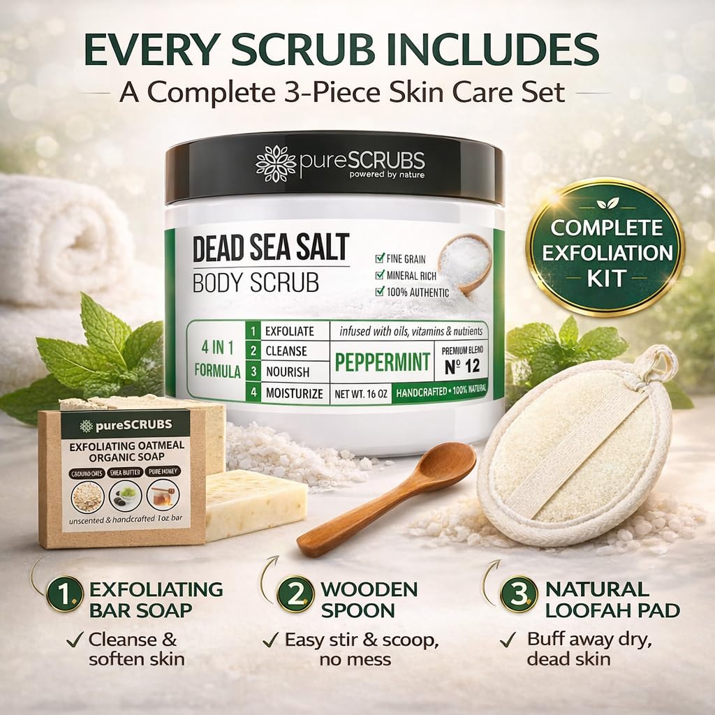 pureSCRUBS Premium Coconut Body Scrub with exfoliating soap, wooden spoon, and loofah pad. Verified by CuratCart for quality!