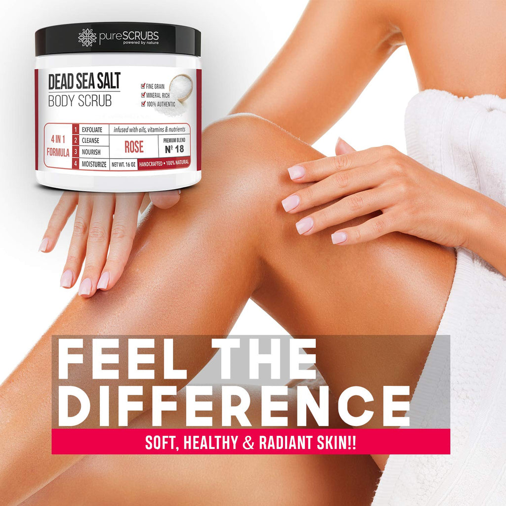 pureSCRUBS Premium Coconut Body Scrub jar next to smooth, radiant leg. Feel the difference with trusted ingredients.