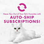 Purina Fancy Feast Chicken Pate featured with a fluffy white cat promoting auto-ship subscriptions on Curat Cart.