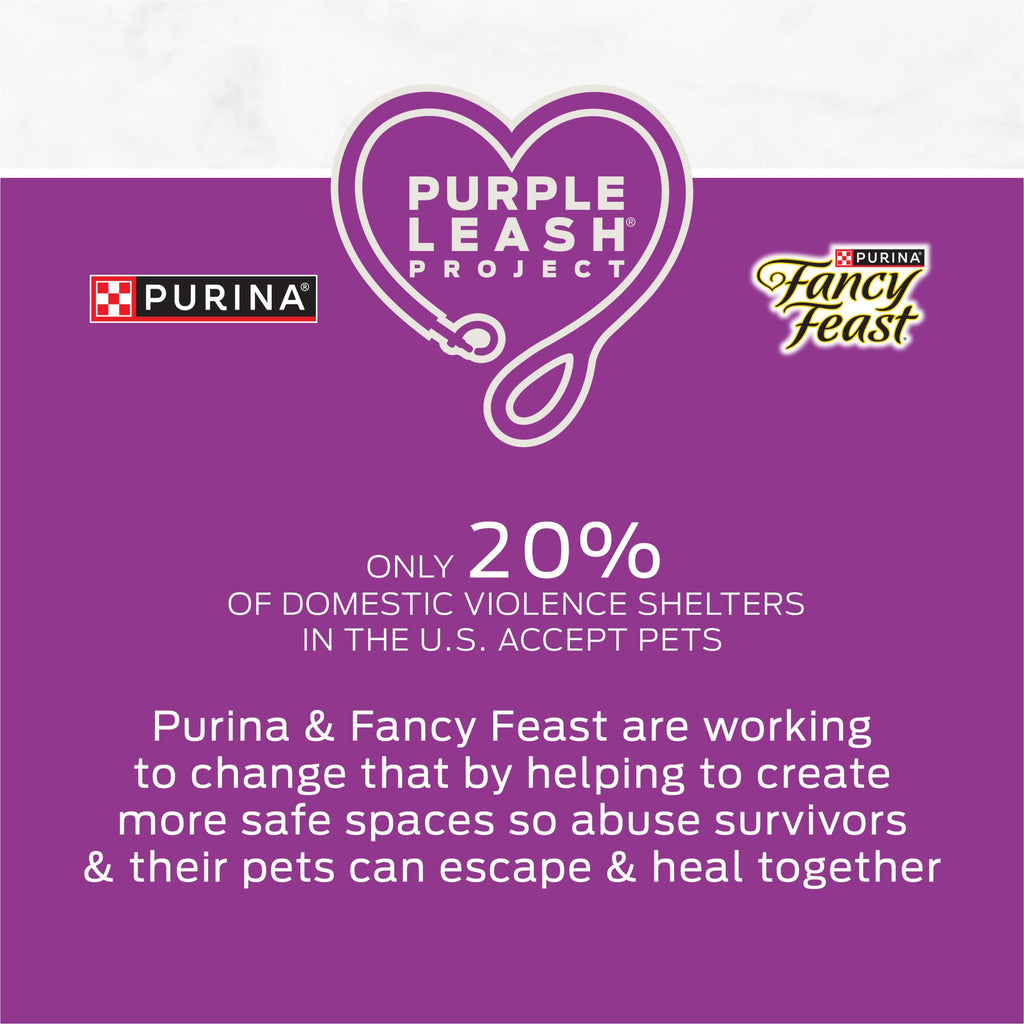 Support the Purple Leash Project with Purina Fancy Feast, enhancing pet safety in domestic violence shelters. Available at Curat Cart.
