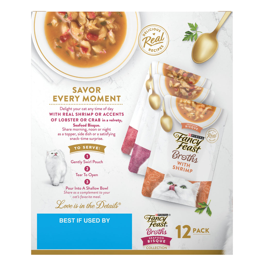 Purina Fancy Feast Seafood Bisque in official packaging offers gourmet shrimp flavor. Available at Curat Cart for your pet's delight.