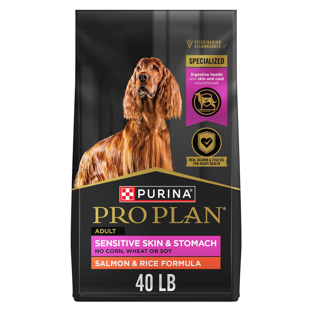 Purina Pro Plan Dog Food offers specialized salmon and rice formula for sensitive skin and stomach. Premium import available at Curat Cart.