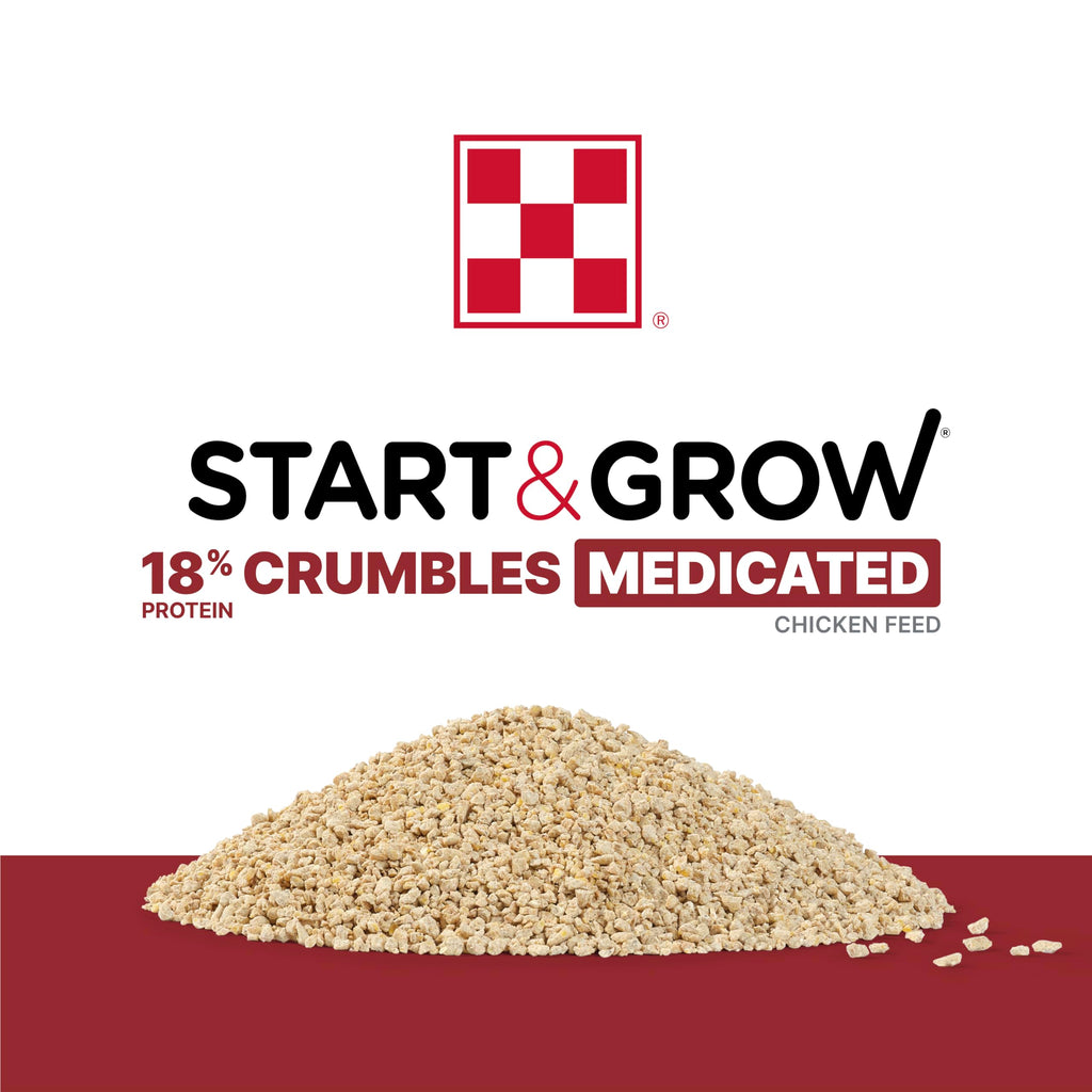 Purina Start & Grow Chick Feed offers 18% protein in medicated crumbles, specially curated by Curat Cart for optimal growth.