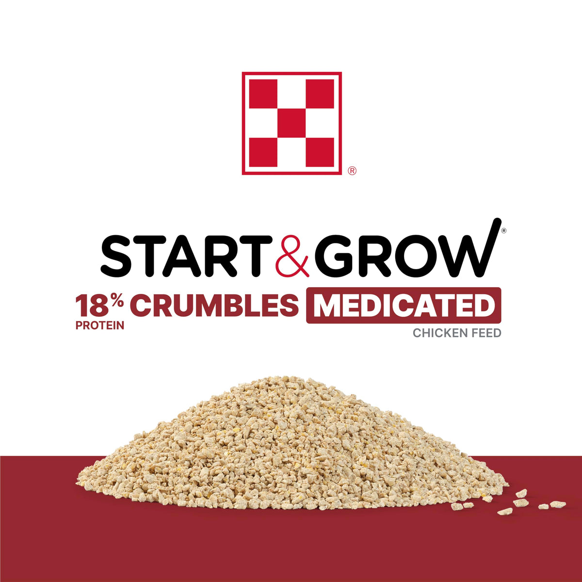 Purina Start & Grow Chick Feed offers 18% protein in medicated crumbles, specially curated by Curat Cart for optimal growth.