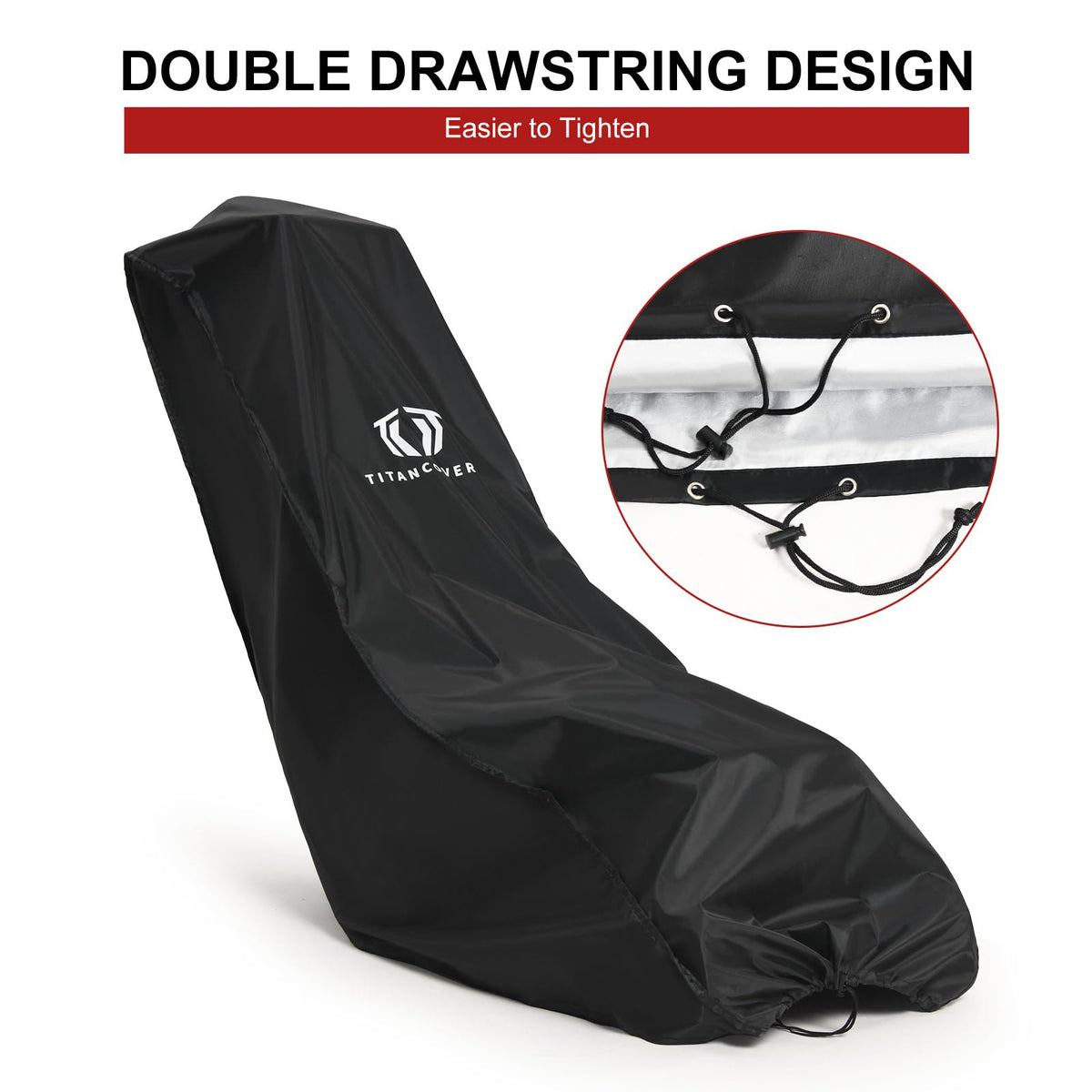 High-quality lawn mower cover with double drawstring design, ensuring a secure fit. Available at Curat Cart.