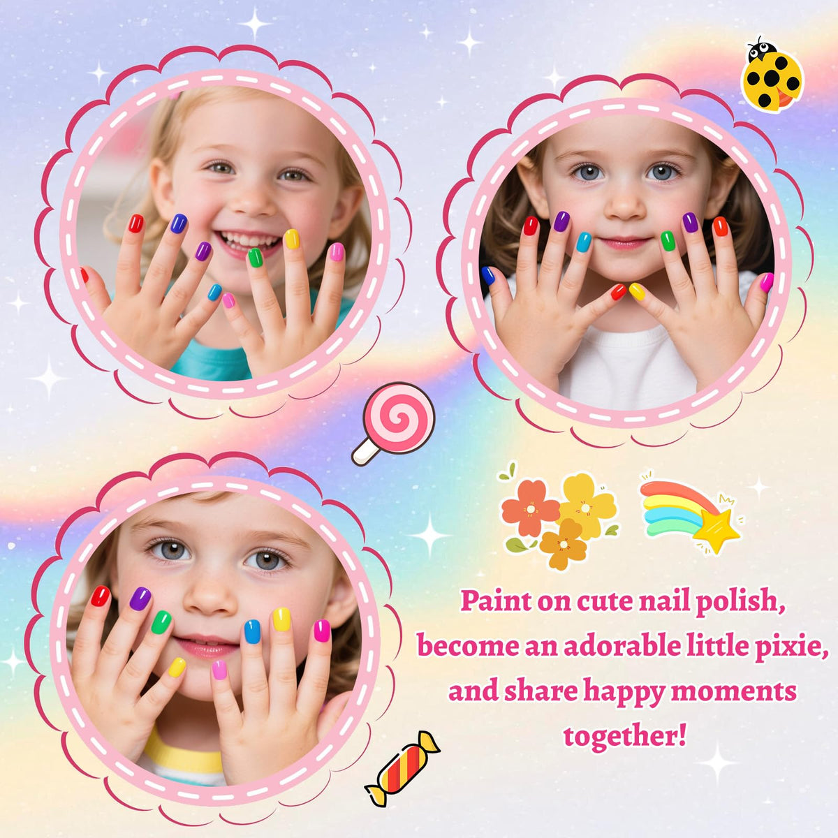 Cute kids showcase vibrant quick dry nail polish colors. Non-toxic and perfect for fun moments. Imported quality!