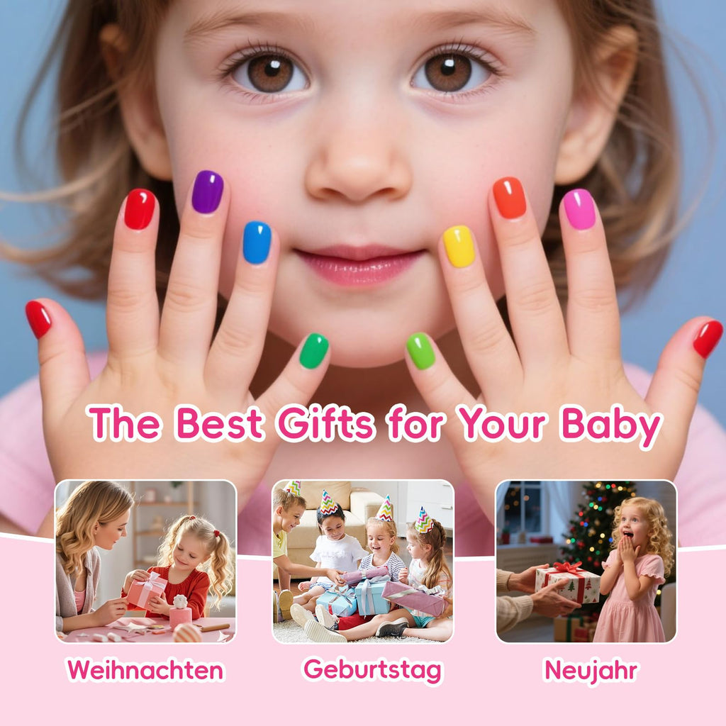 Colorful quick-dry kids nail polish set. Non-toxic and perfect for fun gifts. Available online for delivery.