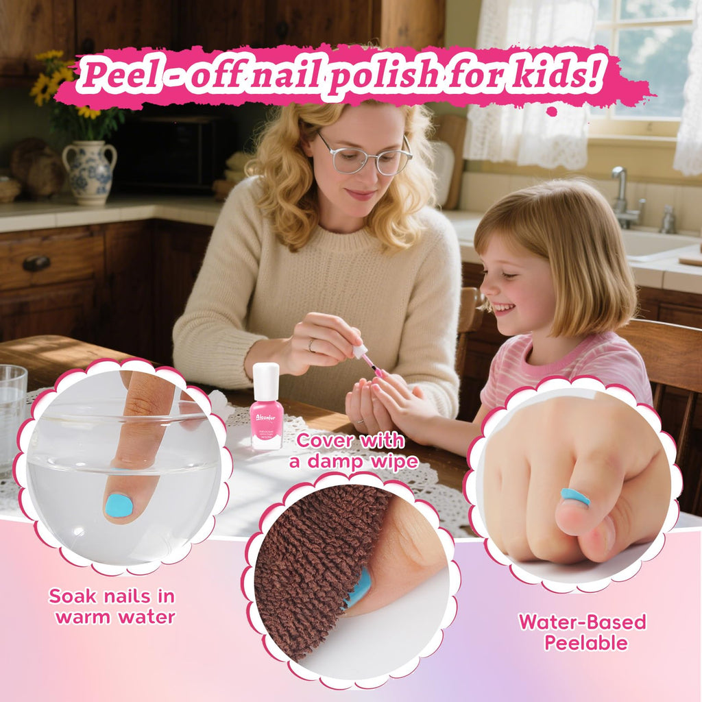 Bright kids' nail polish set, water-based & non-toxic. Easy peel-off formula; perfect for fun, safe nail art. Original packaging.