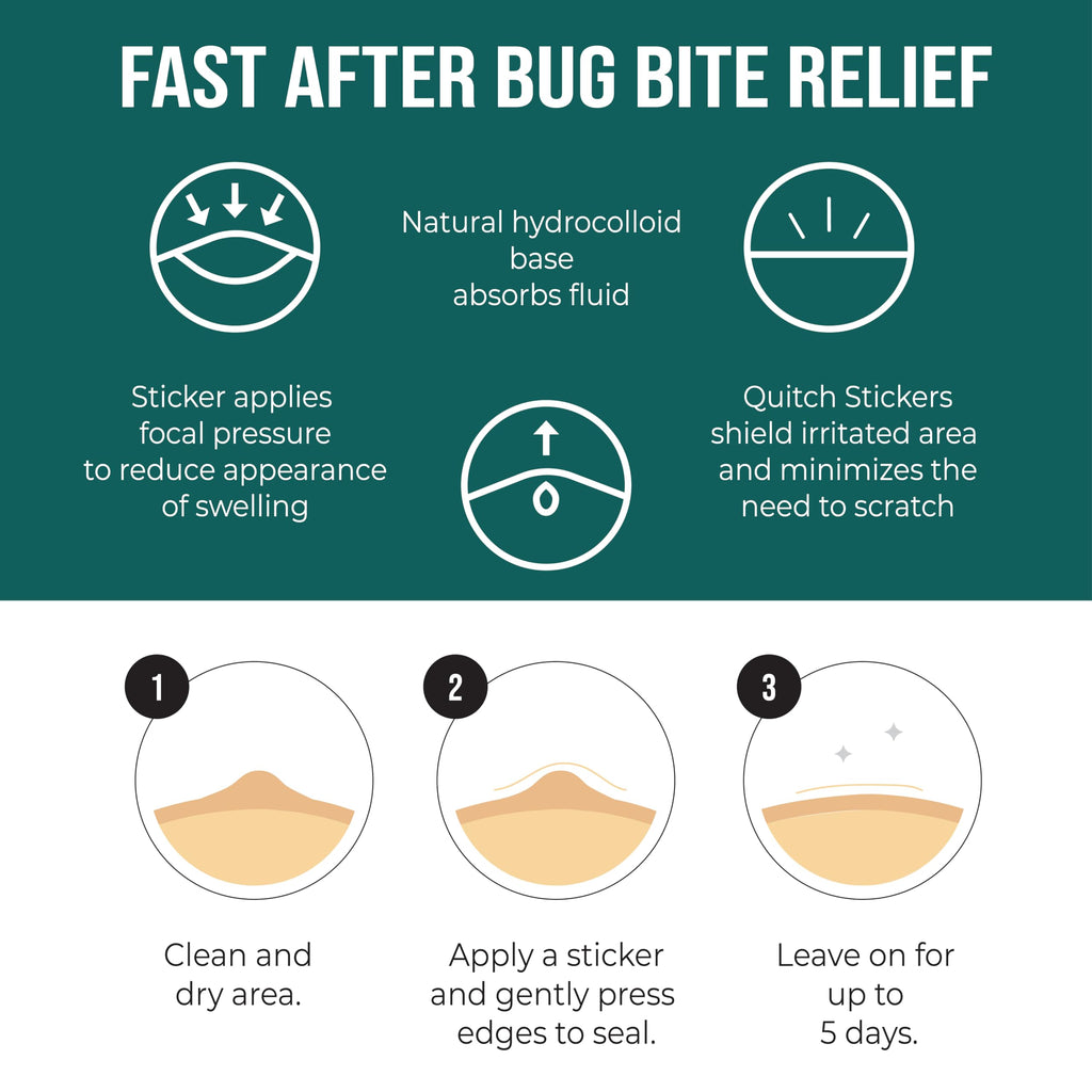 Quitch Mosquito Bite Relief Patches in official packaging, featuring fast bug bite relief and soothing hydrocolloid material. Available at Curat Cart.