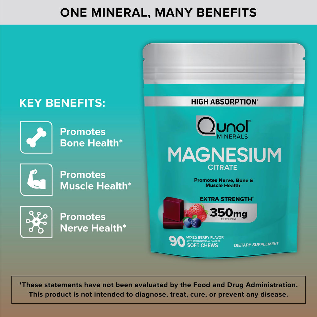 Qunol Magnesium Citrate Soft Chews promote nerve, bone, and muscle health. 100% Authentic, available at Curat Cart in India.
