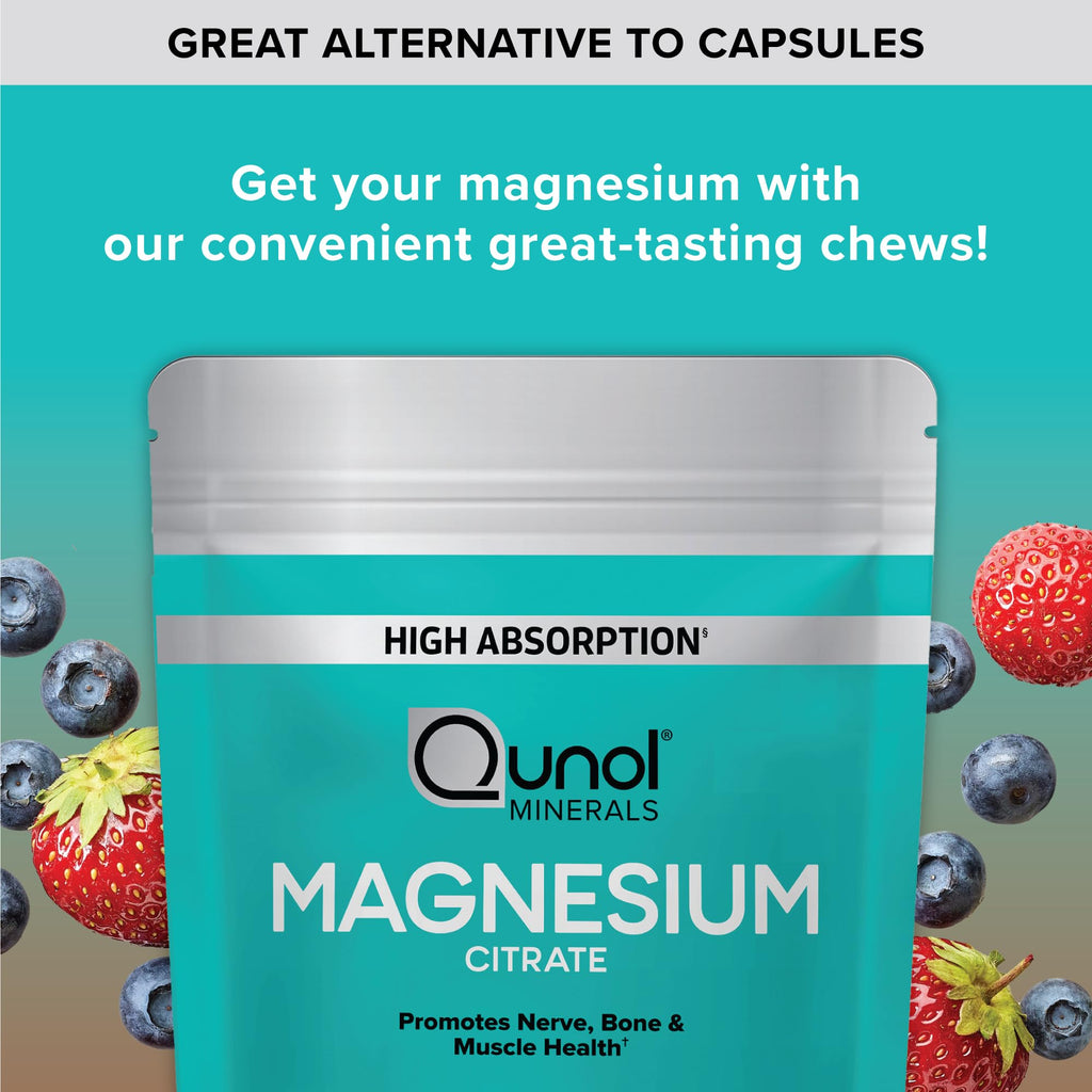 Qunol Magnesium Citrate Soft Chews offer high absorption and great taste. 100% Authentic, available in India at Curat Cart.