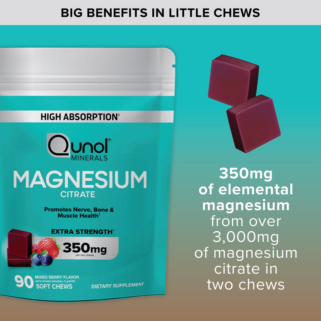 Discover Qunol Magnesium Citrate Soft Chews, specially curated by Curat Cart for enhanced magnesium absorption and health benefits.
