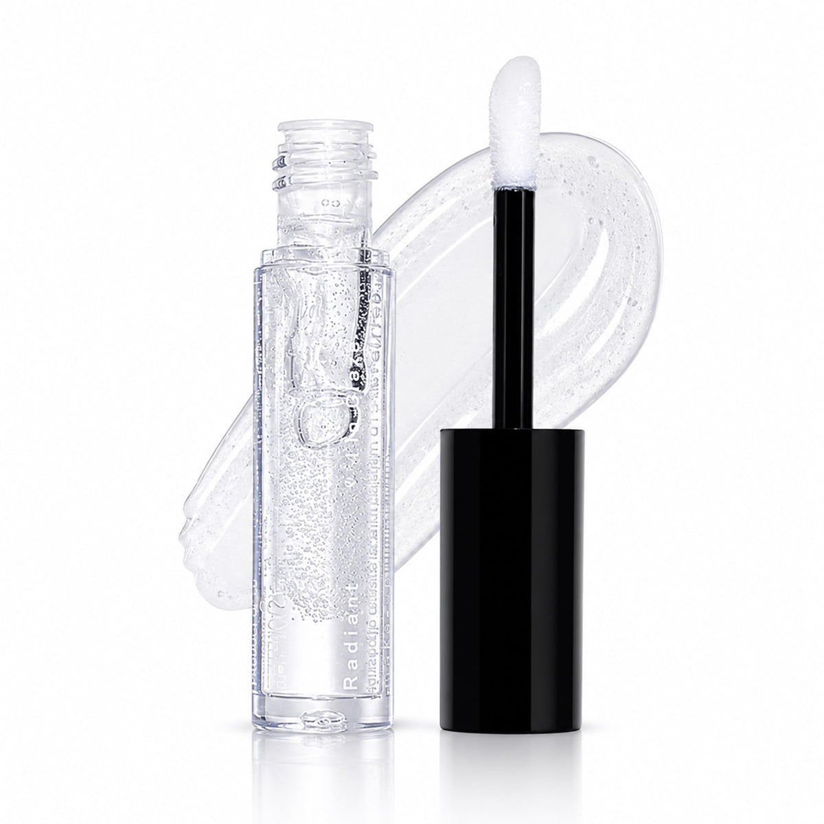 Clear tube of Radiant Professional Lip Glaze accompanied by a doe-foot applicator, highlighting its hydrating formula.