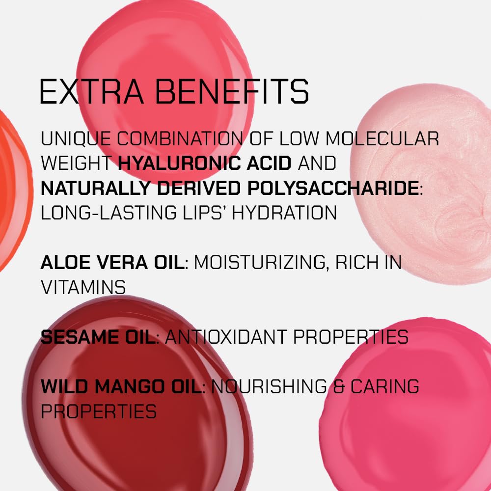 Radiant Professional Lip Glaze features hyaluronic acid, aloe vera oil, sesame oil, and wild mango oil for hydration and nourishment.