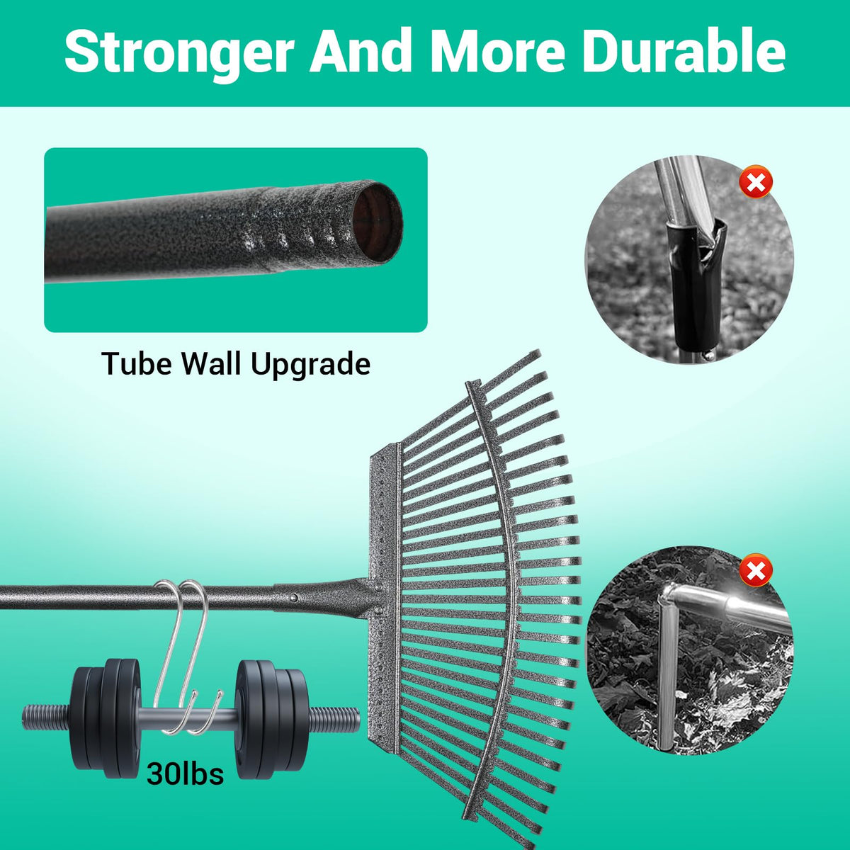 Heavy-duty garden rake showcasing upgraded tube wall design for strength and durability, available at Curat Cart in India.
