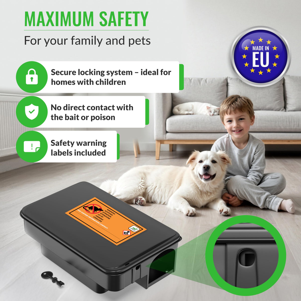 Rat bait station with secure locking system, ensuring safety for families and pets. 100% authentic from Curat Cart, available in India.