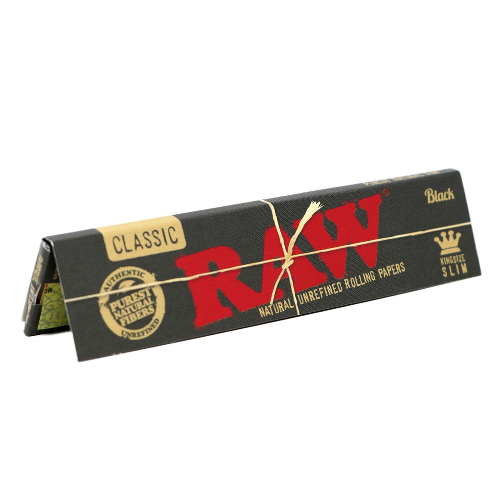 RAW Classic Black Rolling Papers in official packaging, showcasing natural unrefined quality. Available at Curat Cart.