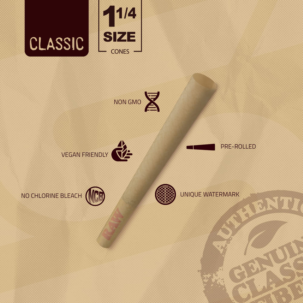 RAW Cones Classic Pre Roll in official packaging, made from non-GMO, vegan-friendly materials. Available at Curat Cart.