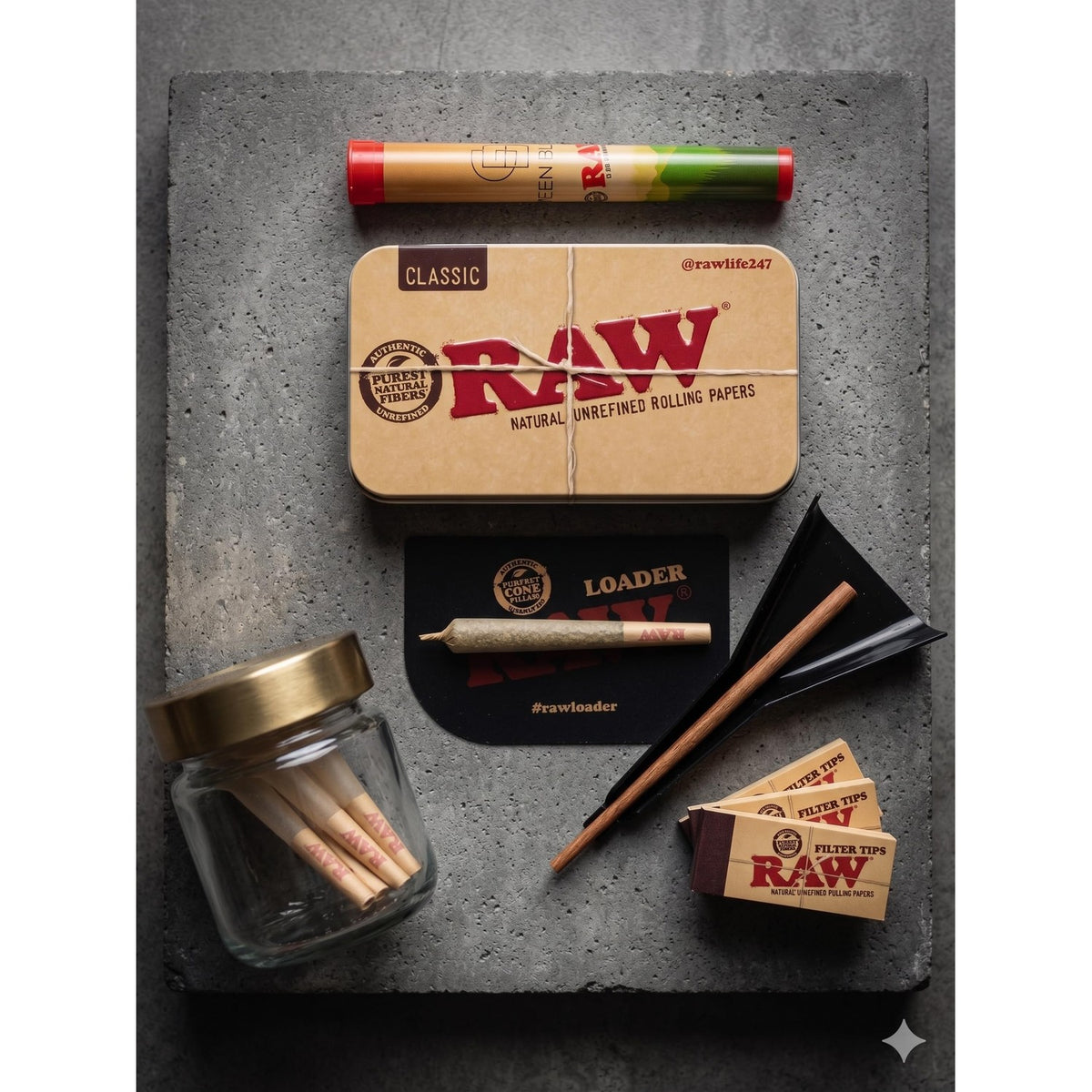 Experience the RAW Pre Rolled Cone Loader in official packaging, featuring high-quality materials for perfect cones. Available at Curat Cart.