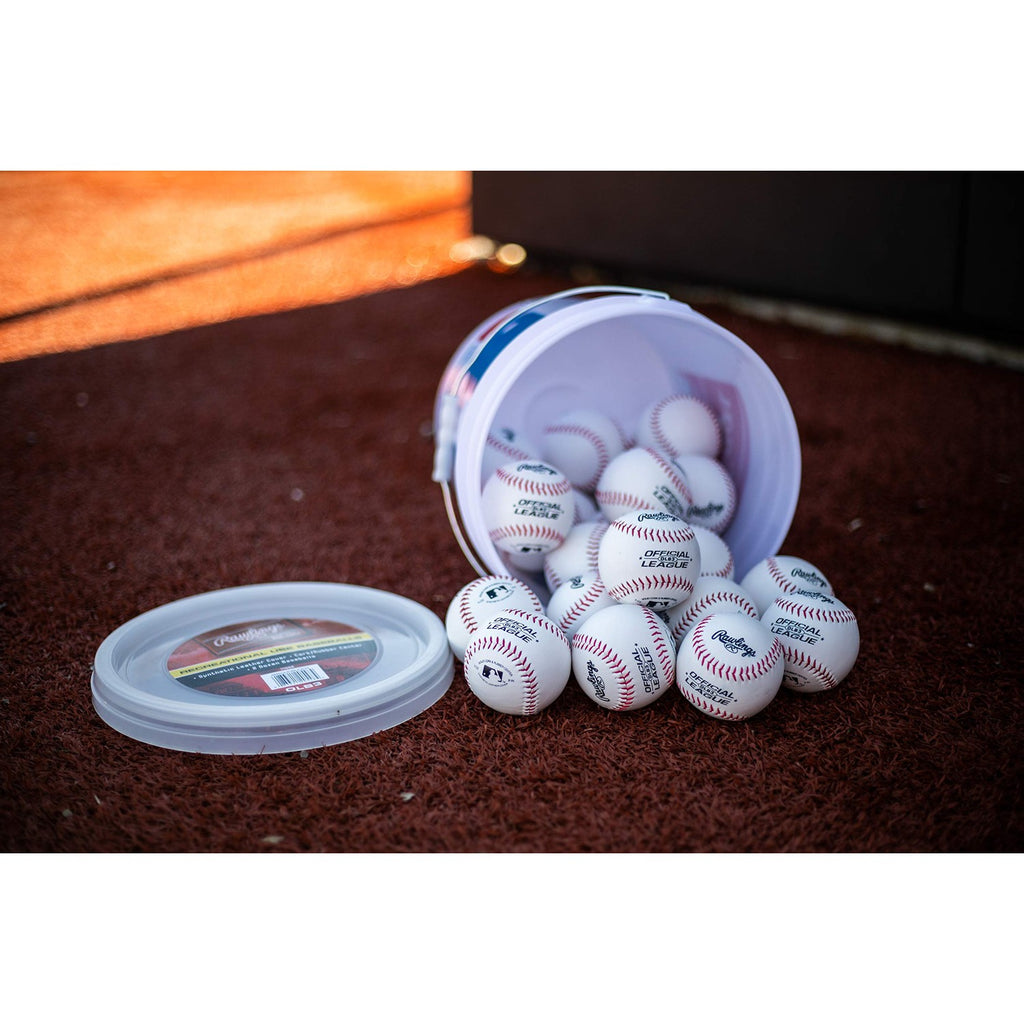 Premium imported Rawlings Official League Baseballs in a bucket, perfect for practice. Available at Curat Cart.