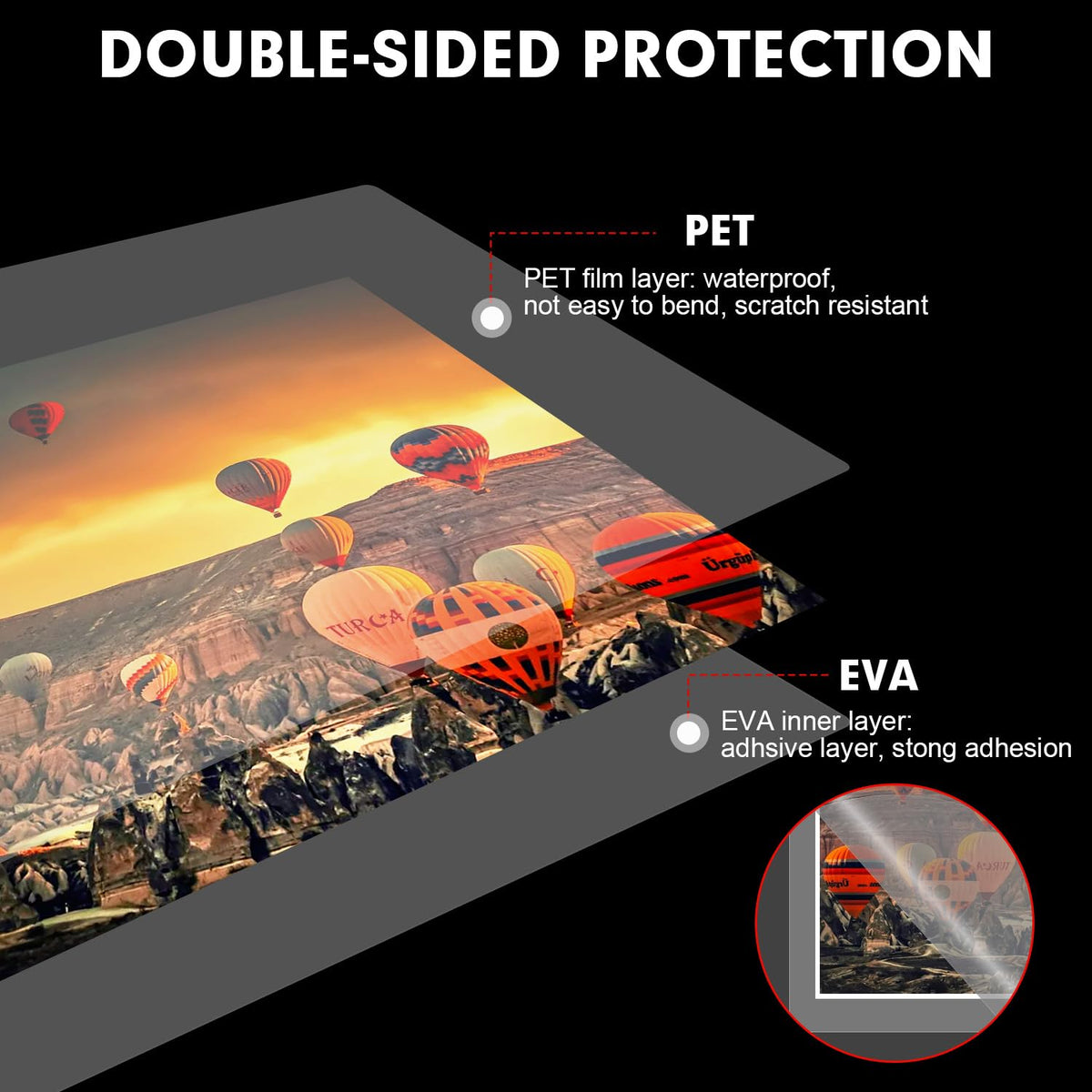 RAZCC Laminating Sheets showcase double-sided protection with waterproof PET film and strong EVA layer, available at Curat Cart.