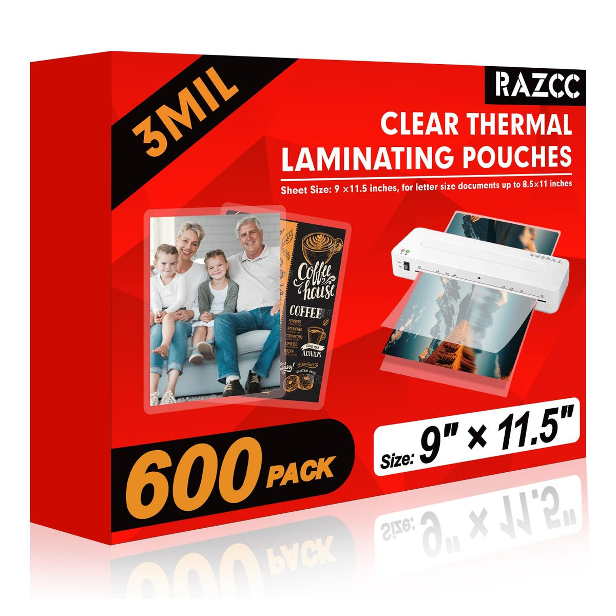 Premium imported RAZCC laminating sheets, 600 pack of clear thermal pouches, perfect for preserving documents. Available at Curat Cart.